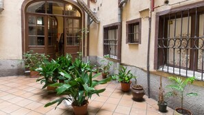 Ein Innenhof mit Kübelpflanzen, gefliestem Boden und einem Gebäudeeingang mit Tür und Fenstern.