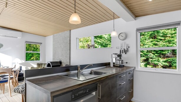 A modern kitchen with a built-in dishwasher, a sink, and a coffee maker. There are two windows with views of greenery. - "Cornel" - 300m from the sea by Interhome (Strøby)