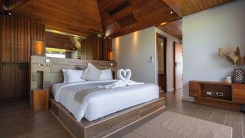 Villa Luxe, vue plage | Literie de qualité supérieure, coffres-forts dans les chambres, bureau