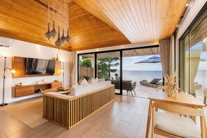 Villa Luxe, vue plage | Literie de qualité supérieure, coffres-forts dans les chambres, bureau