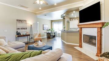 TV, fireplace, video games, books