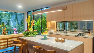 Fridge, microwave, stovetop, electric kettle