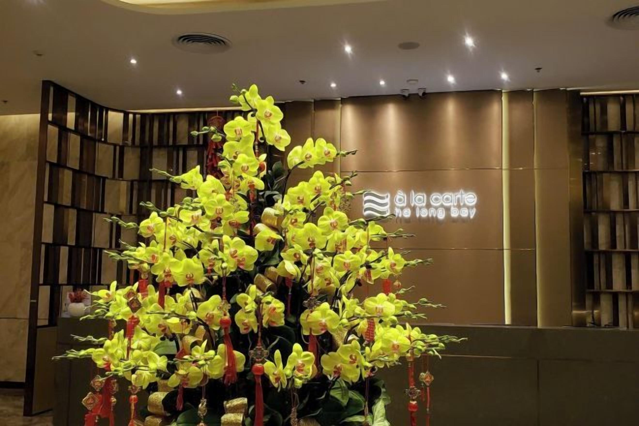 A reception area with a large artificial orchid display and a neon sign reading 'à la carte long stay.'