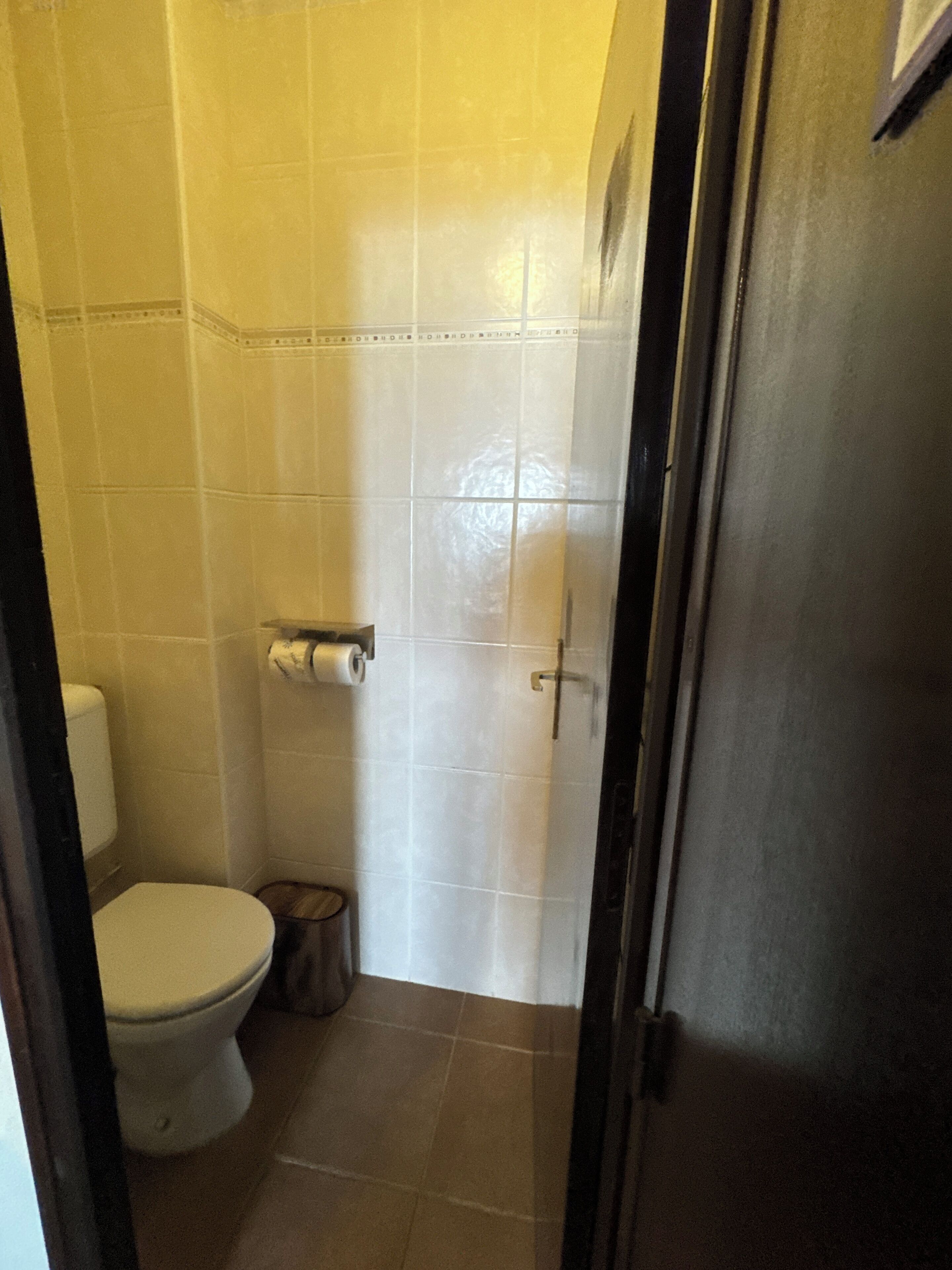 Un baño pequeño con azulejos, un inodoro, un rollo de papel higiénico y un cubo de basura.