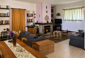 Televisión, chimenea, tenis de mesa y libros 