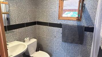 Une salle de bain avec des toilettes, un lavabo et une petite fenêtre.