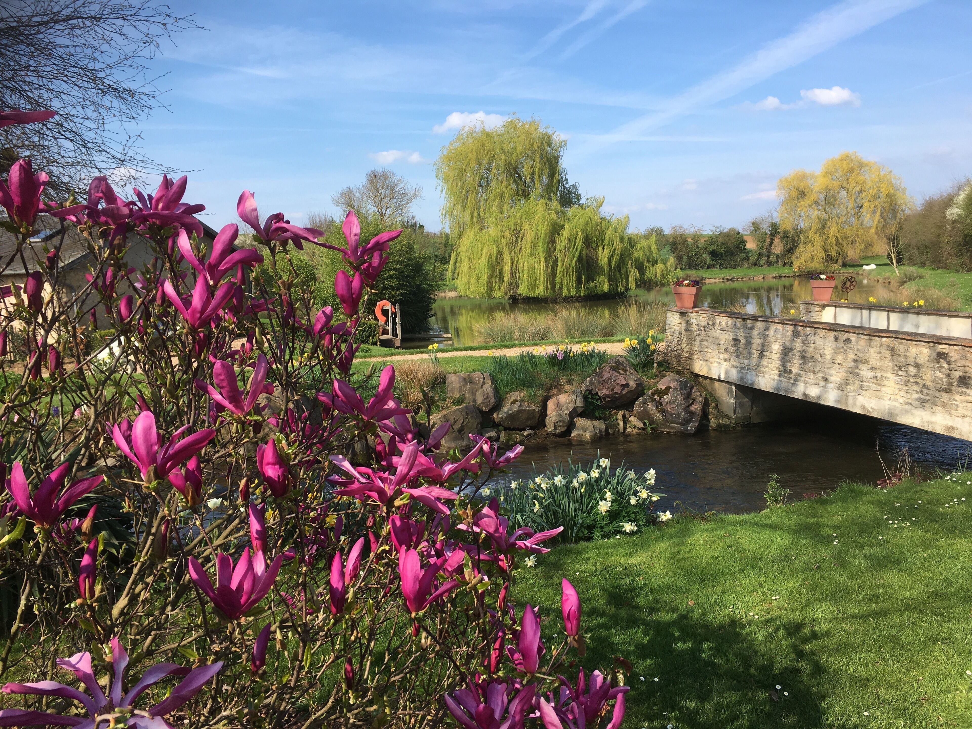 Een stenen brug over een rustige rivier, omringd door weelderige begroeiing en bloeiende planten.