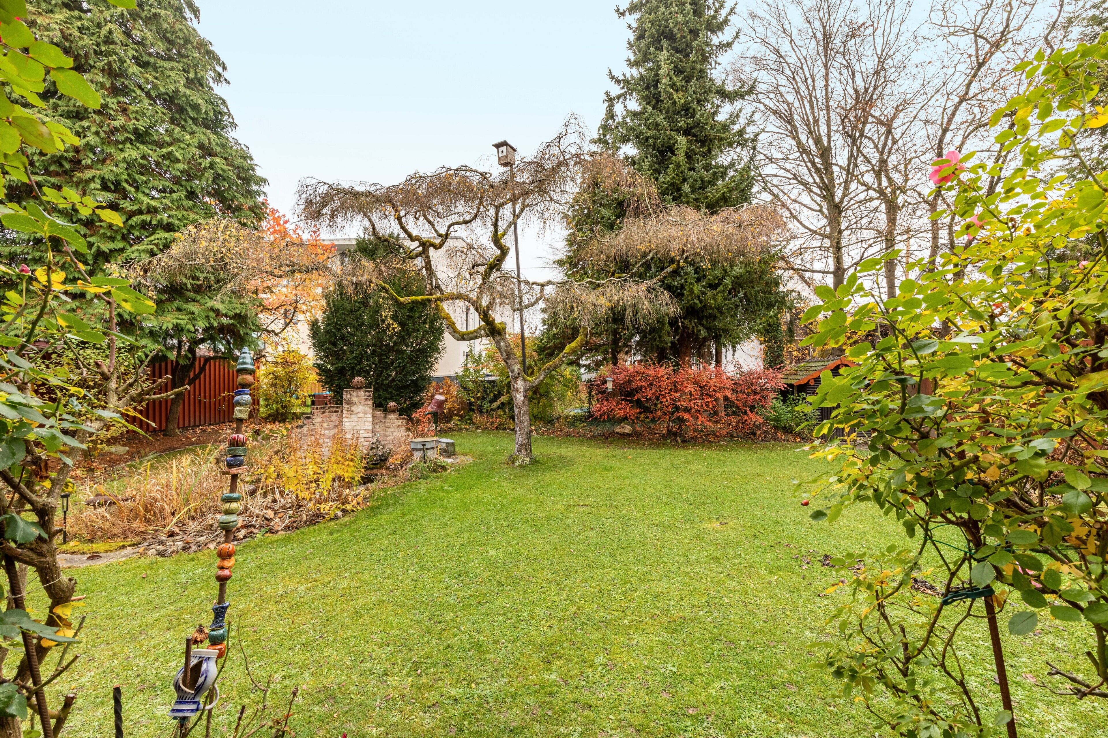 A garden with a variety of trees and shrubs, a decorative fence, and a birdhouse.