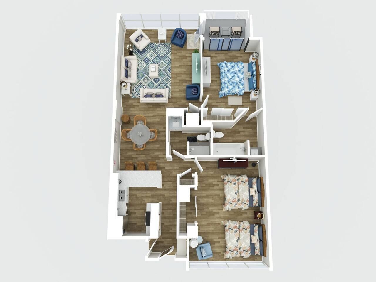A 2-bedroom apartment layout with a living room, dining area, kitchen, and two bedrooms.