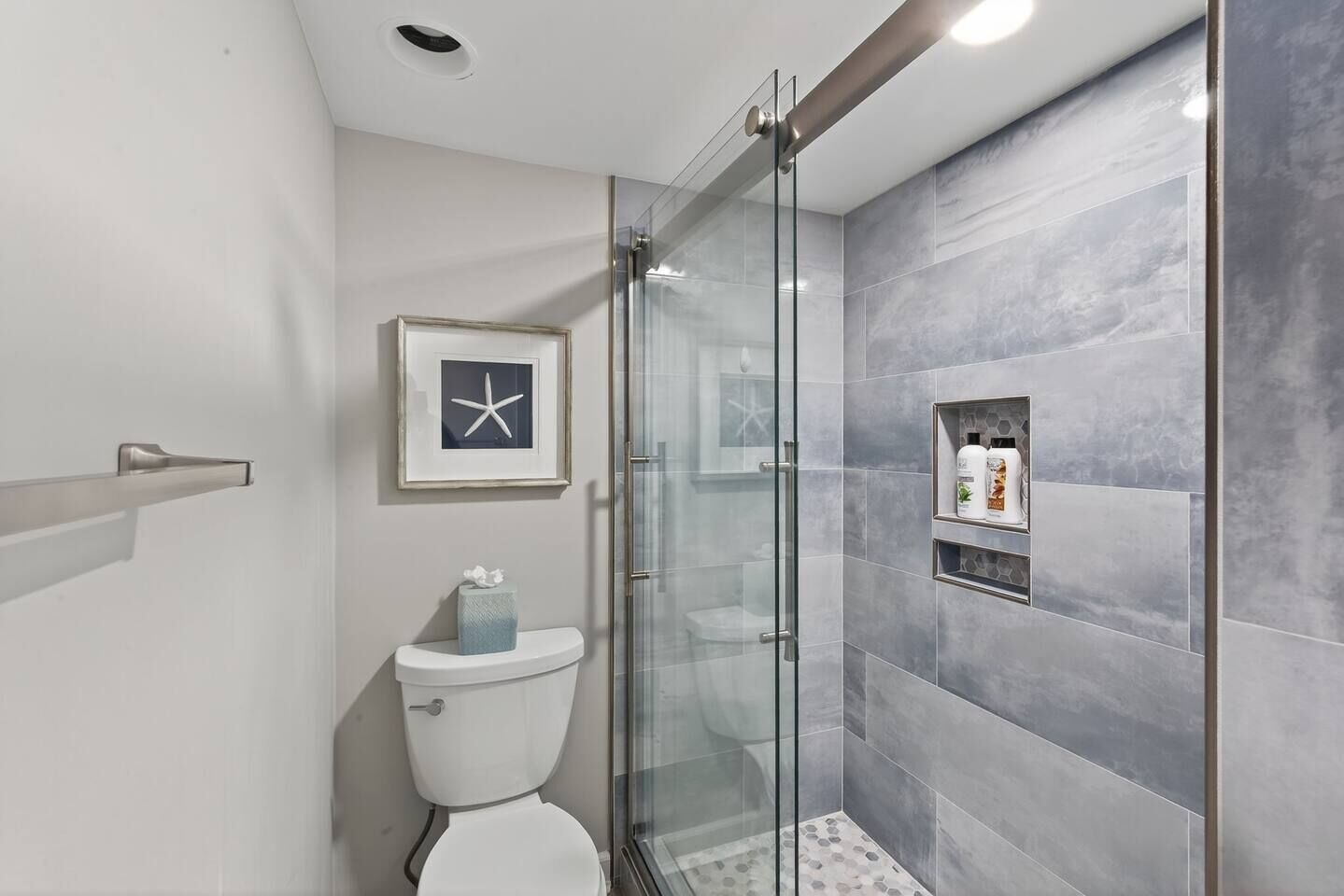 A modern bathroom with a glass shower enclosure, a toilet, and a framed starfish decoration.