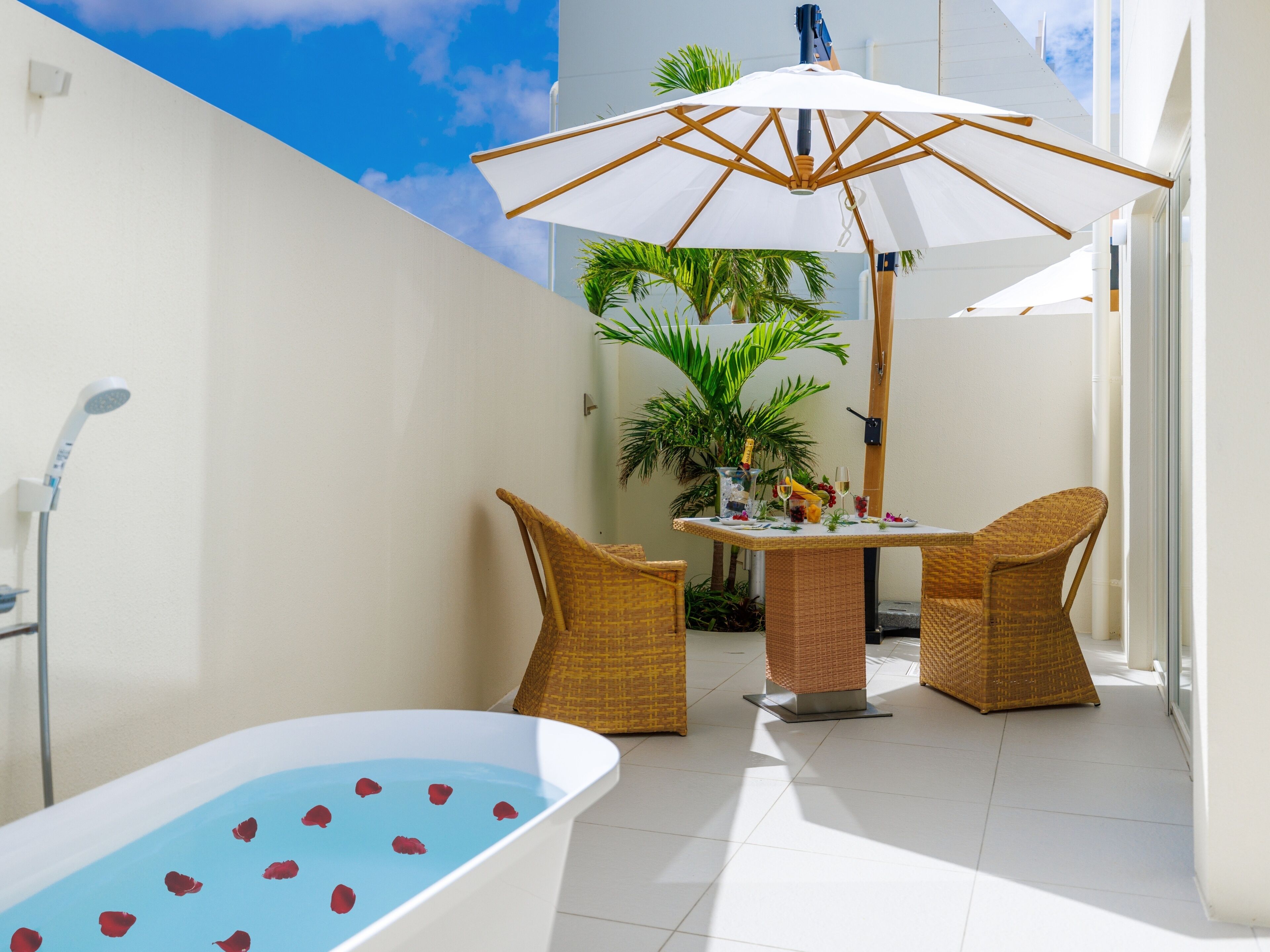 ラグジュアリー ヴィラ バルコニー オーシャンビュー | バスルーム | バスアメニティ (無料)、ヘアドライヤー、バスローブ、スリッパ