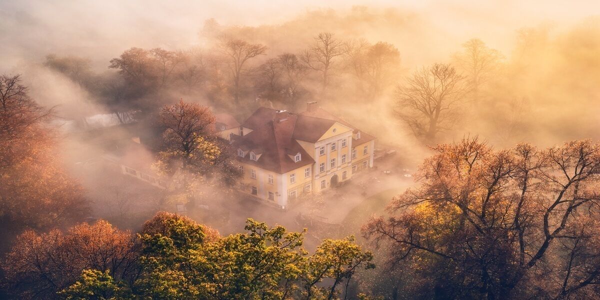 Un edificio grande de varios pisos rodeado de árboles y niebla.