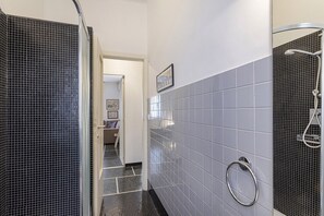 Shower, hair dryer, bidet, towels
