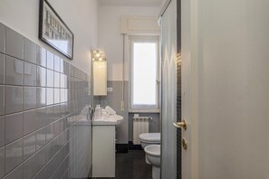 Shower, hair dryer, bidet, towels