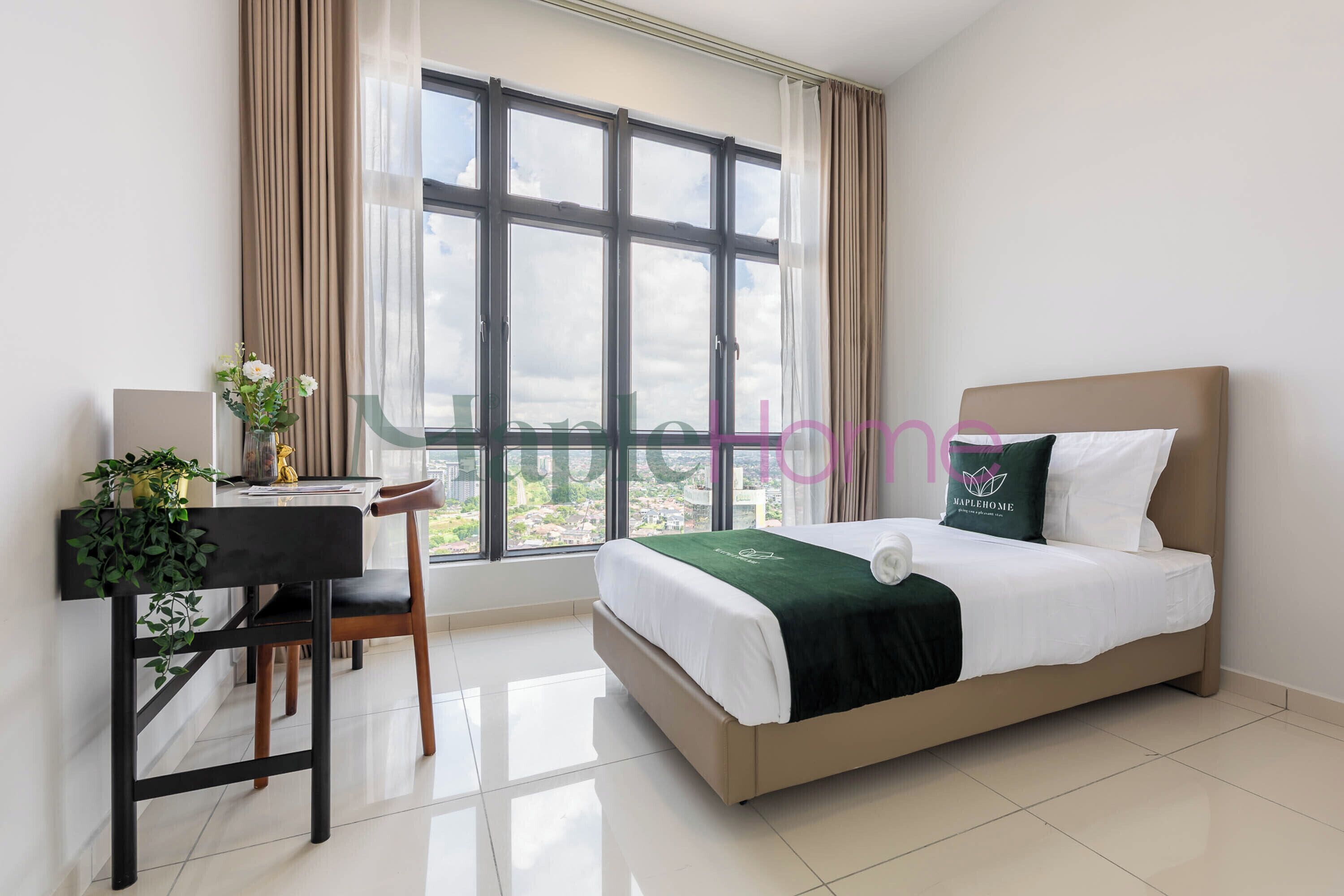 Desk, laptop workspace, blackout curtains, iron/ironing board