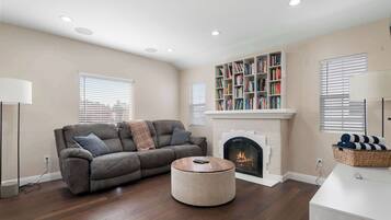 Televisio, takka, työhuone