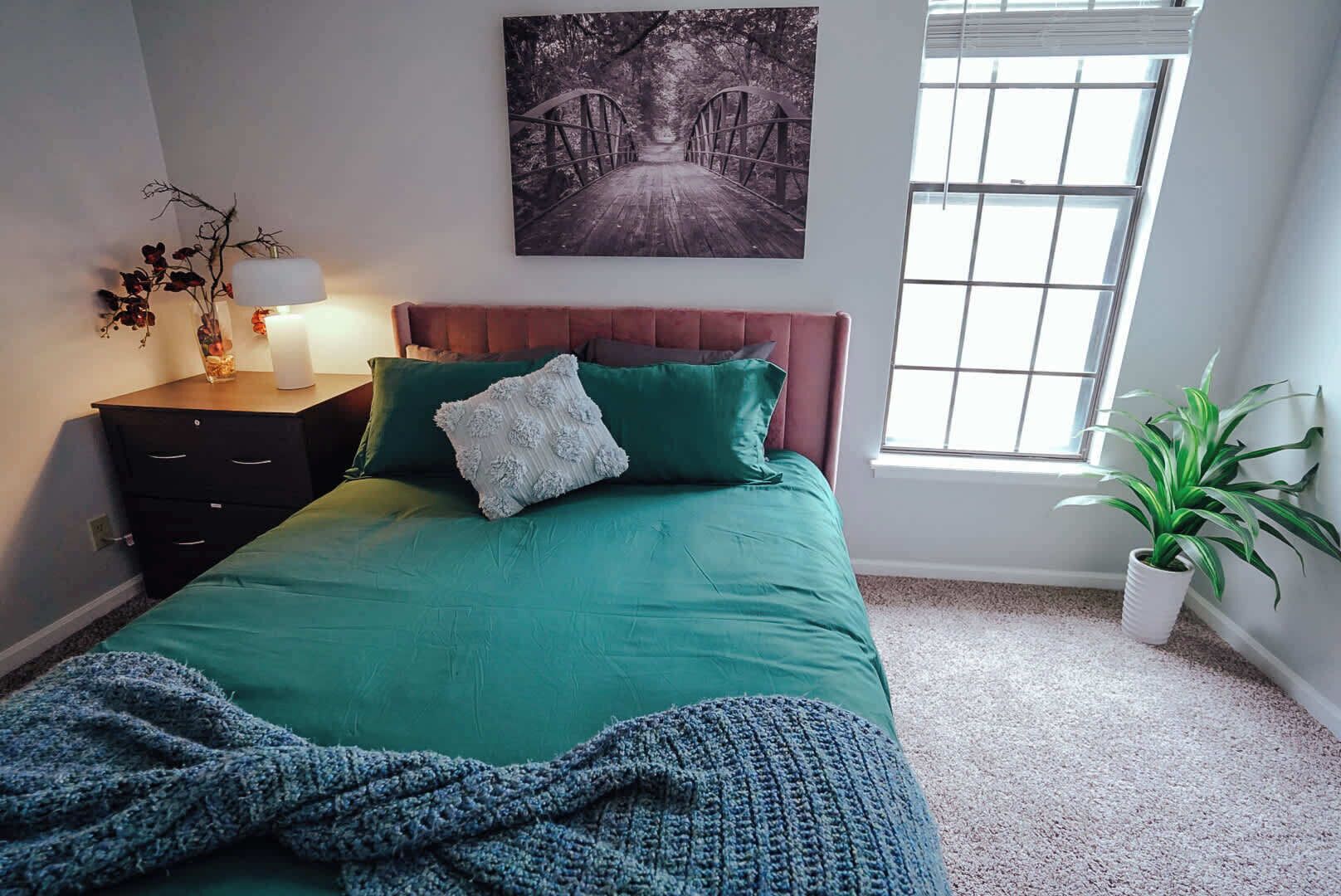 A bedroom with a bed, a nightstand, a lamp, a window, and a plant.