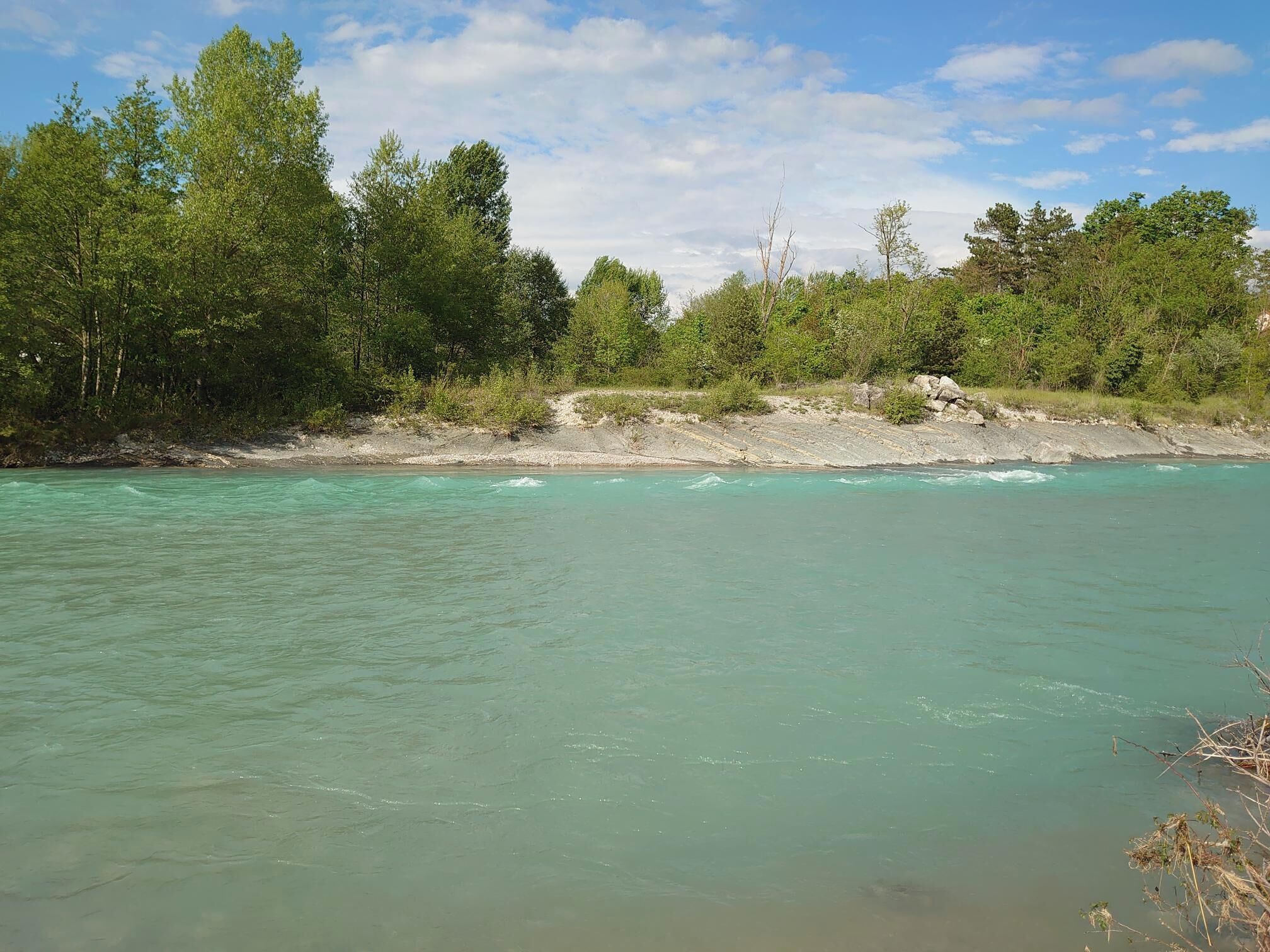 A river with clear water, surrounded by dense green trees and a rocky shoreline.