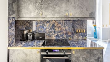 Apartment, City View | Private kitchen | Fridge, microwave, oven, stovetop