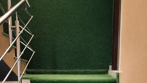 A staircase with green carpeted steps and a metal railing. - Roomshala Hotel Scorpio (New Delhi)