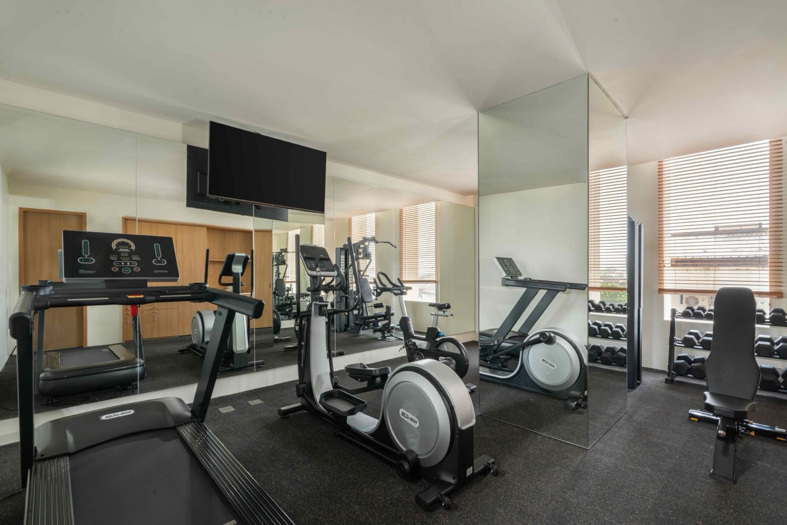 A modern gym with cardio machines, free weights, and a TV screen.