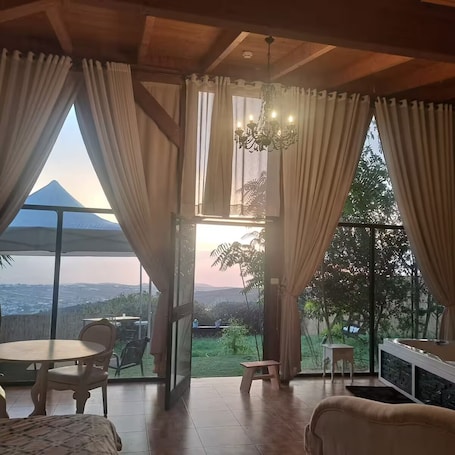 Interior. Cozy cabin on the edge of the mountain