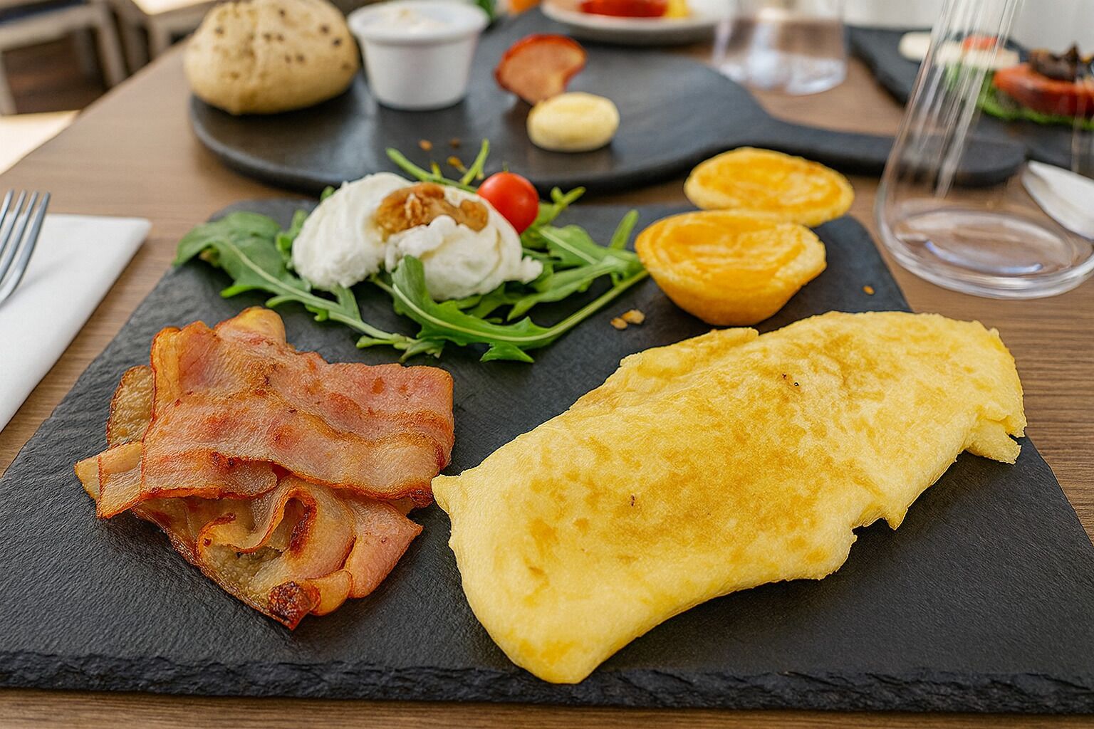 A breakfast plate with bacon, an omelette, and a salad on a slate board.