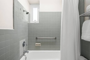 Shower, hair dryer, shampoo