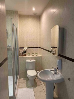 Shower, towels, soap, toilet paper