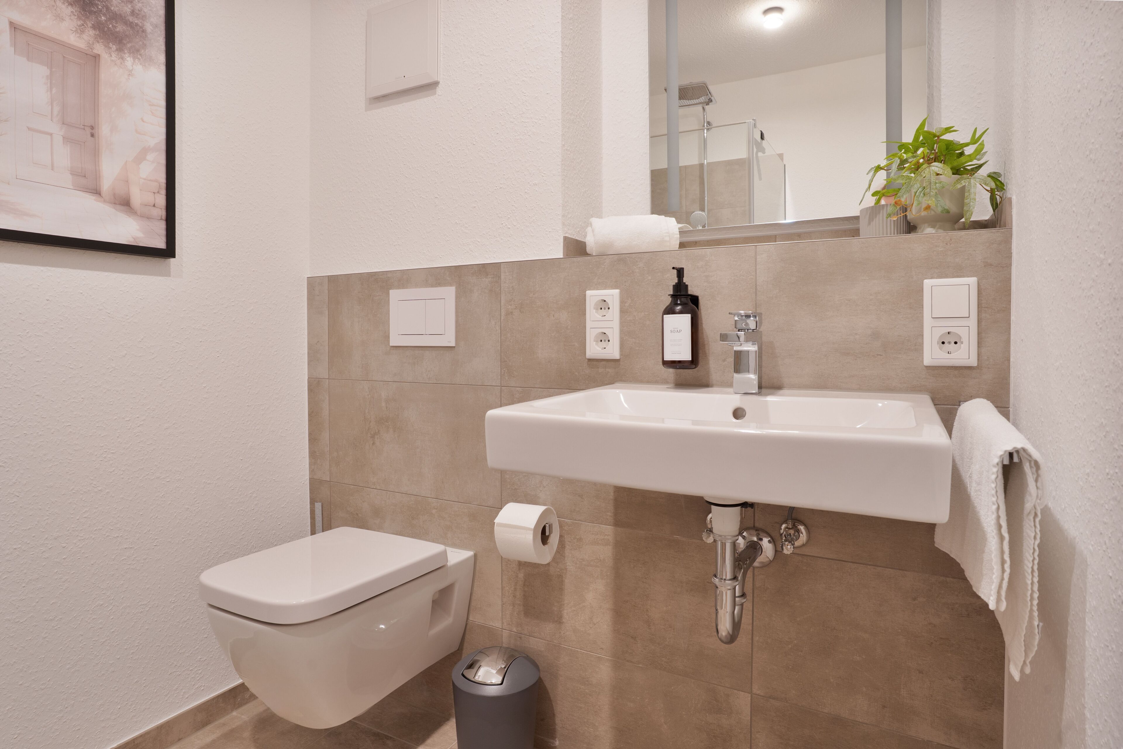 A modern bathroom with a toilet, sink, and mirror.