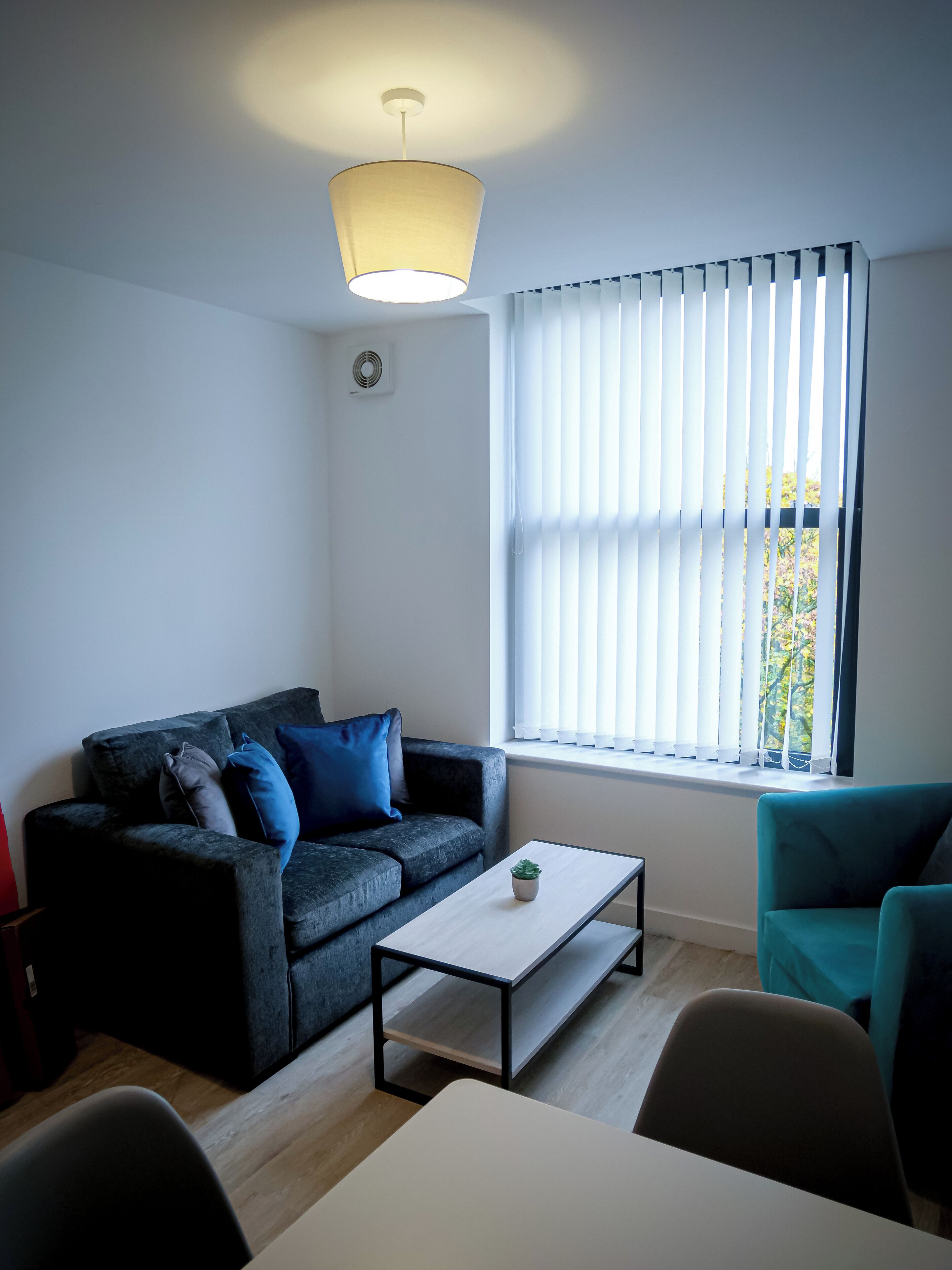 Un salon moderne avec un canapé gris foncé, une table basse blanche et un fauteuil turquoise. On aperçoit un luminaire au plafond, et il y a une fenêtre avec des stores verticaux.