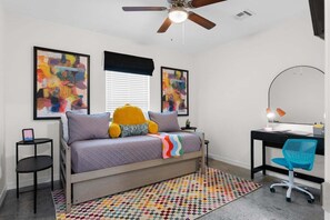 2 bedrooms, desk, iron/ironing board, travel crib