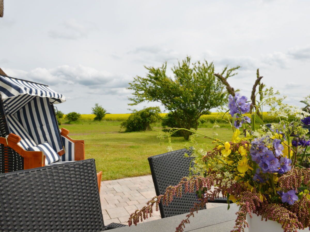 An outdoor seating area with wicker chairs and a striped umbrella, overlooking a grassy field and a tree.