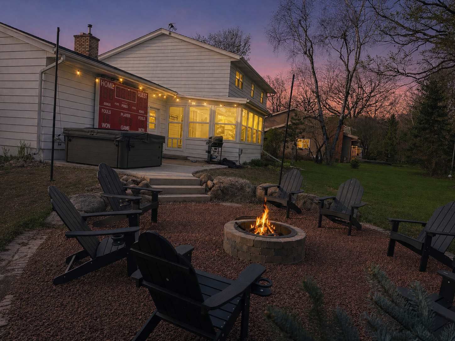 The property is on a dead end corner lot and has a private feel to it. We have yard games, a fire pit that seats 10, hot tub, dining table, and a walking path connected to the playground across the street.
