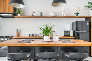 Kühlschrank, Ofen, Herdplatte, Wasserkocher mit Kaffee-/Teezubehör