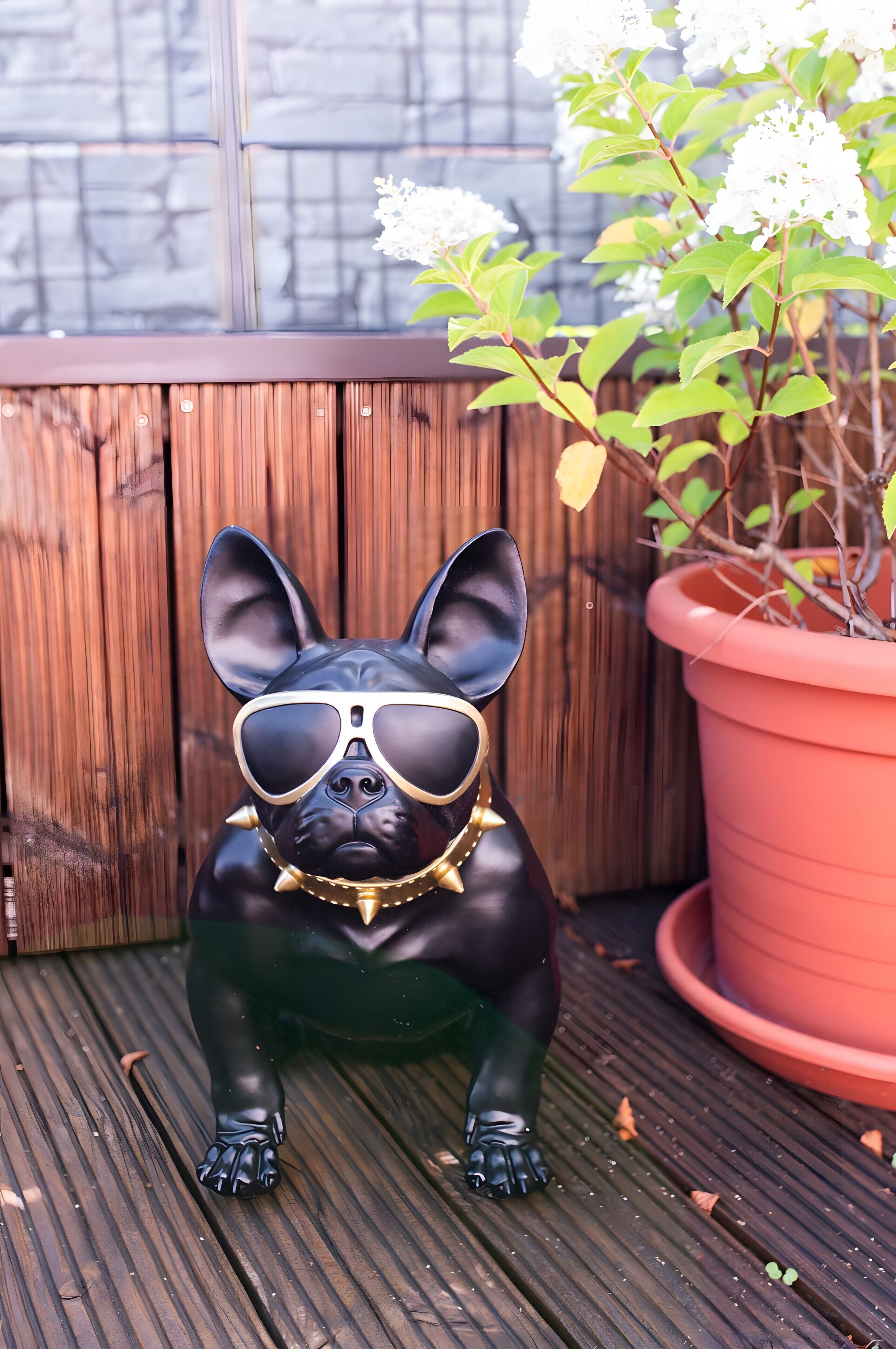 A black dog figurine with sunglasses and a gold chain, sitting on a wooden deck with a potted plant in the background.