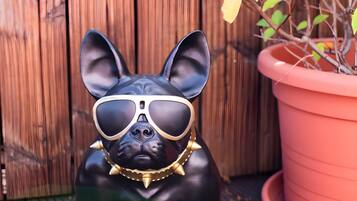 A black dog figurine with sunglasses and a gold chain, sitting on a wooden deck with a potted plant in the background.