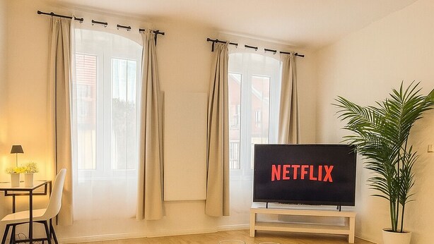 A modern living room with a flat-screen TV displaying 'NETFLIX', a dining area with a table and chairs, and a potted plant.
