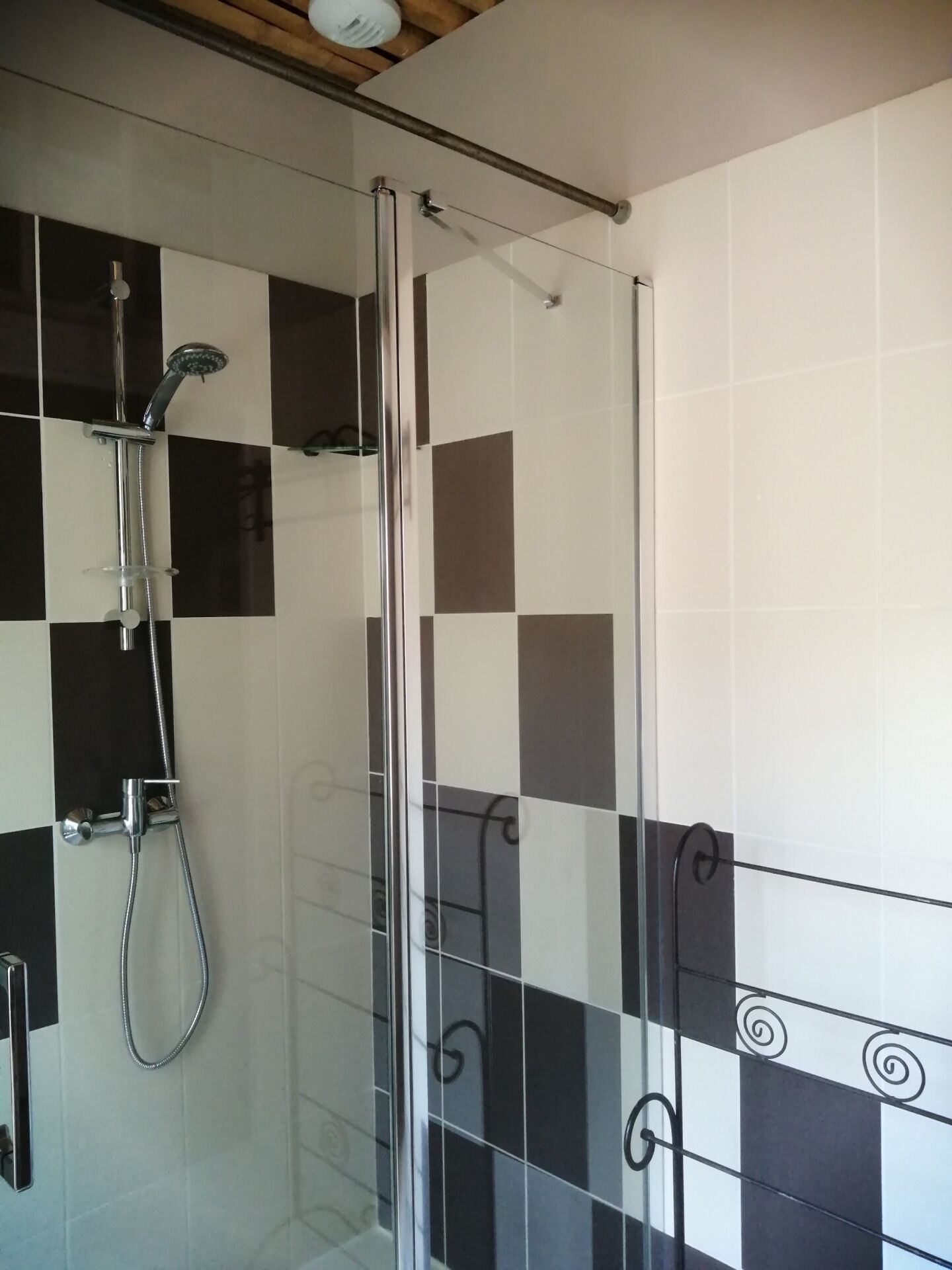 Une douche fermée par des parois en verre, dotée d’un pommeau de douche à main et d’un pommeau de douche fixe, et dont le carrelage présente un motif noir et blanc.