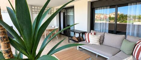 A modern living room with a sofa, coffee table, and a large plant.