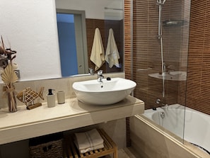 Shower, hair dryer, towels
