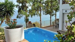 A swimming pool with a view of the sea, surrounded by potted plants and a patio area with outdoor furniture.