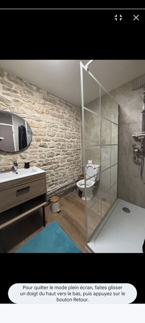 Douche, sèche-cheveux, serviettes fournies, papier toilette