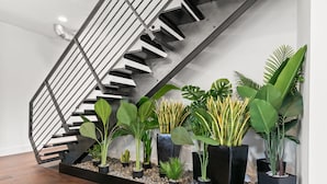 Un escalier moderne avec une rampe en métal noir et une série de plantes en pot de différentes tailles et espèces.