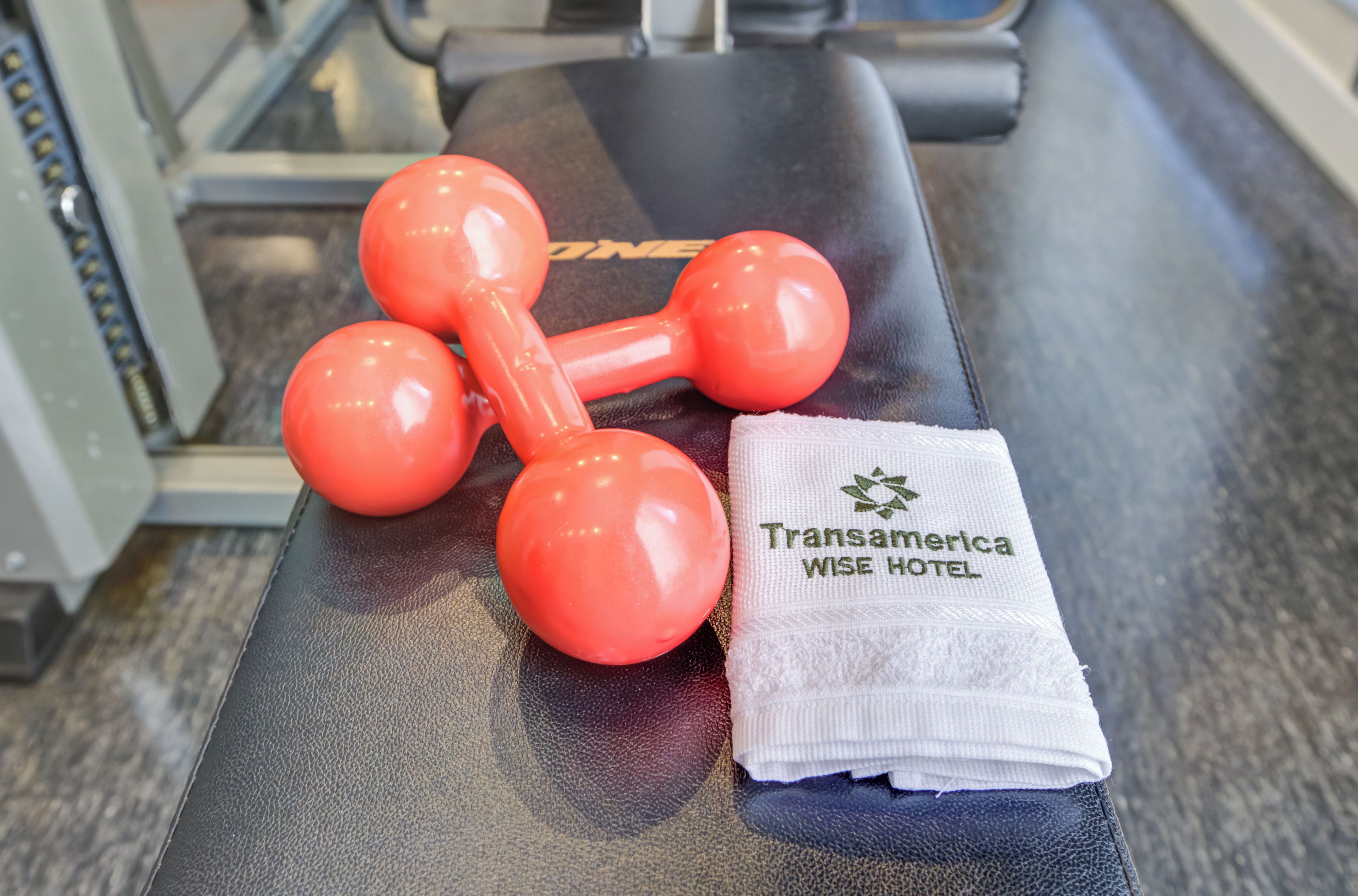 A gym bench with red dumbbells and a towel with 'Transamerica Wise Hotel' embroidered on it.