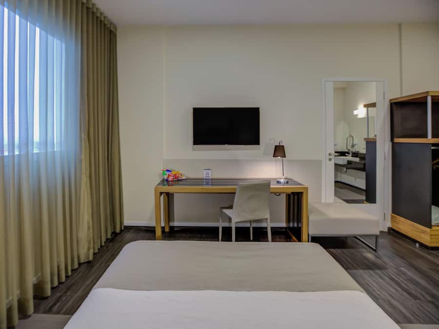 A hotel room with a bed, a desk with a chair, a television, and a mirror.