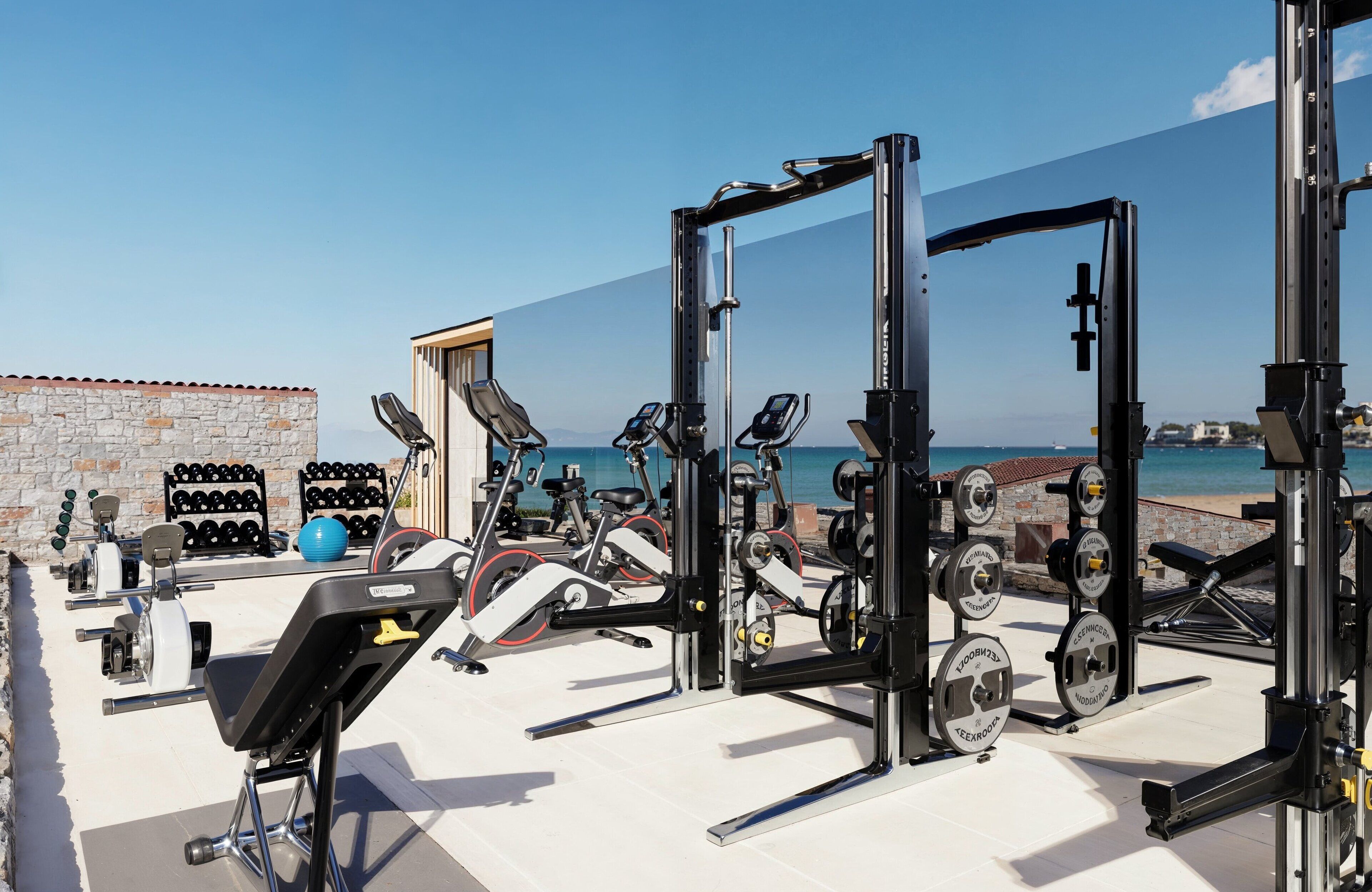A gym with various exercise equipment, including weight machines and dumbbells, located on a terrace with a view of the sea.