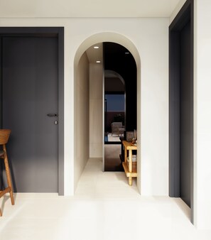 Dusche, Haartrockner, Hausschuhe, Handtücher