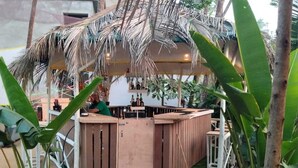 A wooden bar area with a thatched roof, surrounded by tropical plants.