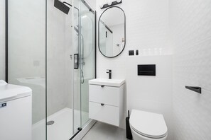 Shower, hair dryer, towels, shampoo